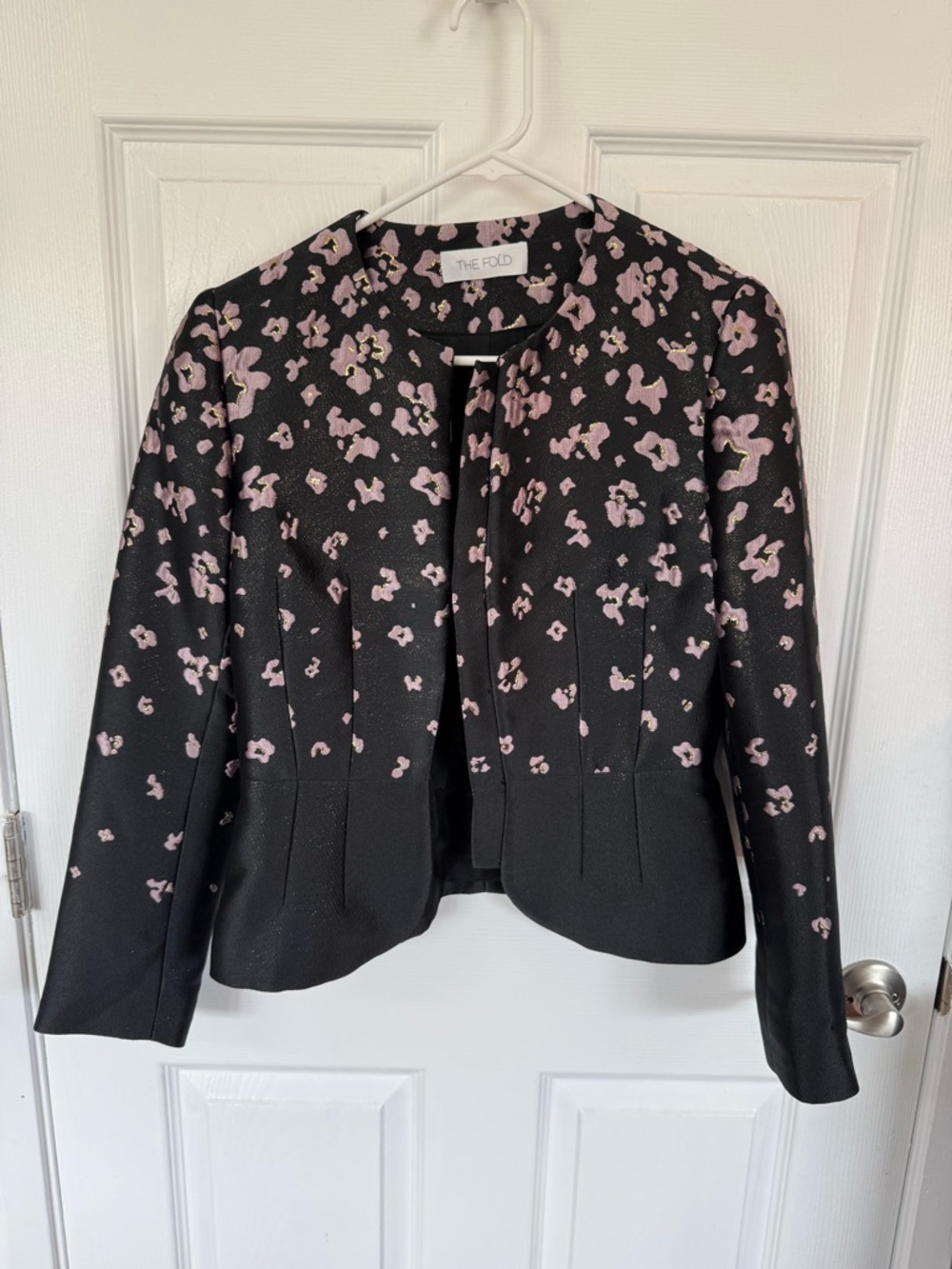 The Fold Black Jacket with Pink Floral Print - Collarless Blazer